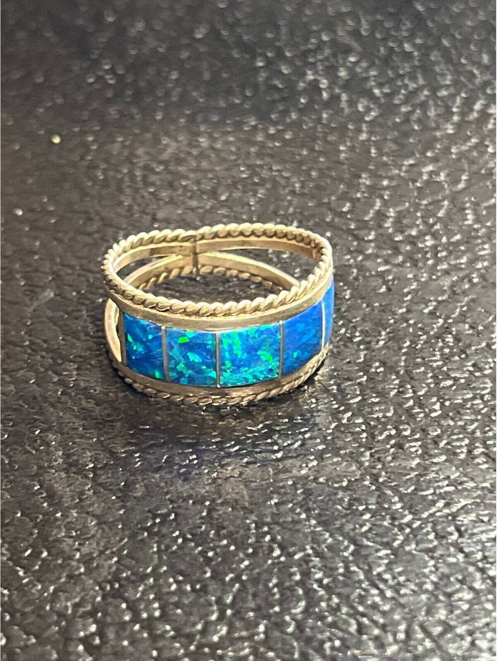 Navajo handmade inlay cluster opal sterling silver inlay ring size 8